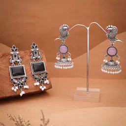Sangria Set Of 2 Silver-Plated Artificial Stones Studded and Beads Beaded Drop Earrings-picture-32