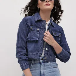 Roadster Women Navy Blue Crop Denim Jacket-picture-11