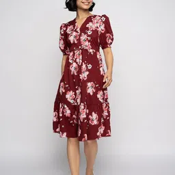 AASK Floral Printed Puff Sleeve Fit & Flare Midi Dress image 5