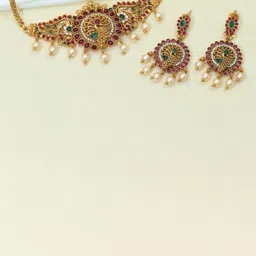 Diksha collection Brass-Plated Stone Studded & Beaded Matte Finish Jewellery Set image 2