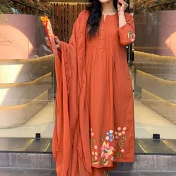 GoSriKi Women Floral Embroidered Regular Thread Work Kurta with Trousers & With Dupatta-picture-18