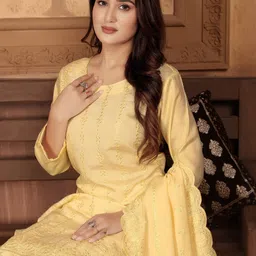 Moda Rapido Women Ethnic Motifs Embroidered Regular Thread Work Chanderi Cotton Kurta with Trousers & With image 5