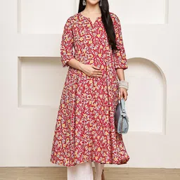 Secret Wish Women Maternity Floral Printed Panelled Pure Cotton Kurta with Trousers image 5