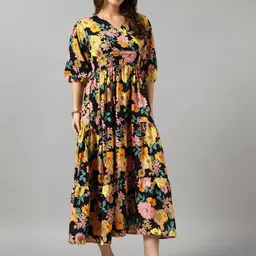 Femvy Women Floral Printed V-Neck Crepe Fit & Flare Midi Dress-image-67