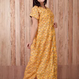 CLYMAA Yellow Pure Cotton Maxi Printed Nightdress image 4