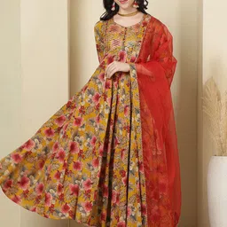 GLAM ROOTS Floral Printed V-Neck Pure Cotton Anarkali Kurta With Trousers & Dupatta-picture-37