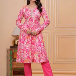 Meeranshi Women Floral Printed Cotton Anarkali Kurta with Trousers-image-55