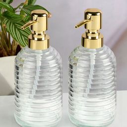Kookee Transparent & Gold Toned 2 Pieces Textured Glass Soap Dispensers 400 ml-picture-29