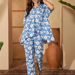 Sangria Women Blue and White Floral Printed Loose Fit Shirt And Trousers Co-Ord Set-picture-25