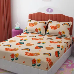 AaHo Decor Beige & Orange Cartoon Characters 300 TC King Bedsheet with 2 Pillow Covers image 1