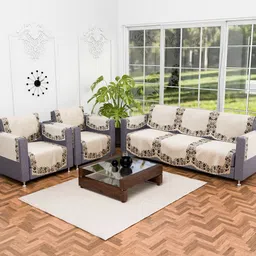 RUBOXA Cream-Coloured & Brown 16 Pieces Cotton Sofa Cover With Arms image 5