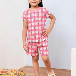 Lagorii Girls Checked And Teddy Bear Printed Night Suit Set-picture-57