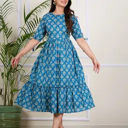 Twirl Tales Women Cotton Floral Printed Fit & Flare Midi Dress-image-51