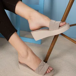 Mast & Harbour Cream Textured Open Toe Wedge Heels-picture-17
