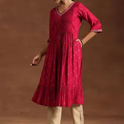 Libas Red Ethnic Motifs Printed Pintuck Flared Sleeves Layered Ruffles Zari A-Line Kurta image 3