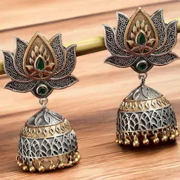 fabula German Silver Artificial Stones Studded & Beaded Oxidised Dome Shaped Jhumkas-image-21