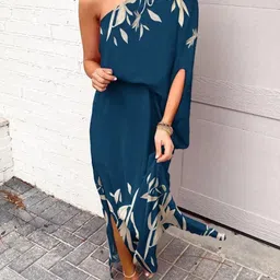 KPOP Women Floral Print One Shoulder A-Line Maxi Dress image 1