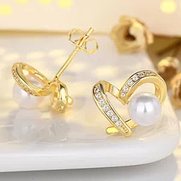 KRENOZ Gold Plated Stainless Steel Cubic Zirconia & Pearls Heart Shaped Studs image 4