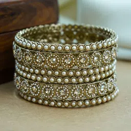 HOUSE OF JEWELERY Set Of 6 Brass Stone-Studded & Beaded Bangles-picture-31