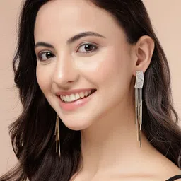 Scintillare By Sukkhi Gold Plated Crystals Studded Tasselled Square Shaped Drop Earrings image 4