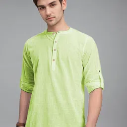 BHUVIKOO Band Collar Roll-Up Sleeves Straight Short Kurta-image-76