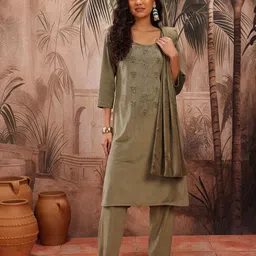 Sangria Yoke Design Pure Wool Kurta with Trousers & Dupatta image 3