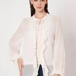 Amagyaa Embellished Embroidered Bishop Sleeves Ruffles Georgette Top-picture-42