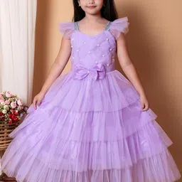 Jhilik Garments Girls Striped Net A-Line Gathered or Pleated Maxi Dress image 1