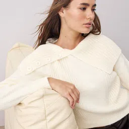 Trendyol Women Cable Knit Self Design Shawl Collar Pullover Sweater-image-91