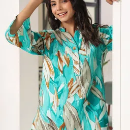 DressBerry Turquoise Blue Printed Mandarin Collar Three-Quarter Sleeves Top With Palazzo image 3