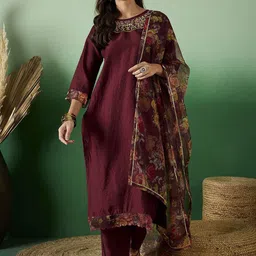 Sangria Women Floral Embroidered Straight Kurta with Trousers & Dupatta-image-59
