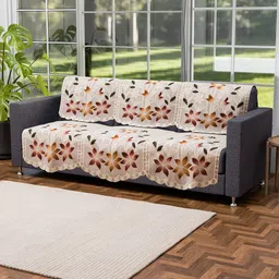 Kuber Industries Cream-Coloured Set of 10 Floral Pure Cotton Five Seater Sofa Covers image 4