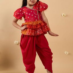 pspeaches Girls Bandhani Printed Angrakha Gotta Patti Chanderi Cotton Kurta with Dhoti Pants-picture-36