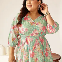 Janasya Plus Size Floral Printed Pure Cotton A-line Ethnic Dress-picture-18