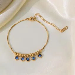 MYKI Stainless Steel Gold-Plated Artificial Beaded Evil Eye Charm Bracelet image 4