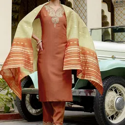 KALINI Womens Silk Blend Embroidered V-Neck Straight Kurta Trousers With Dupatta-image-59