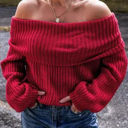 Errabelly Women Off-ShoulderRibbed Pullover Sweater-image-20