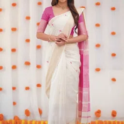 VELVINE Ethnic Motifs Embroidered Handloom Block Print Saree-picture-20