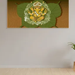 nestroots Green & Yellow Lord Ganesha On Leaf Printed Religious Canvas Painting Wall Art-image-98