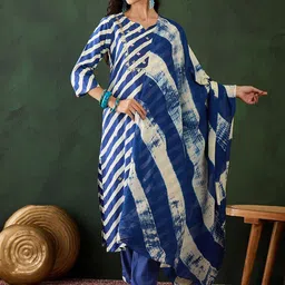 Vastramyaa Women Leheriya Striped Sequinned Pure Cotton Kurta Trousers With Dupatta-image-21