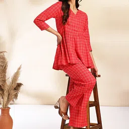 Janasya Checked V-Neck Pure Cotton Tunic With Trousers image 4