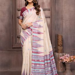 Janasya Beige & Wine Chanderi Geometric Woven Design Woven Saree with Blouse Piece-picture-2