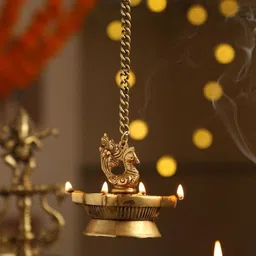 Revive Home Gold-Toned Peacock Hanging Diya With Four Side Lamp And Chain-picture-28