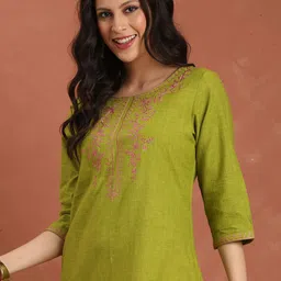 Anouk Women Floral Embroidered Thread Work Pure Cotton Straight Kurta image 1