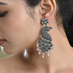 Sangria Stainless Steel Silver Plated Beaded Oxidized Peacock Shaped Drop Earrings image 4
