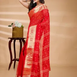 PuJoy Woven Design Zari Pure Cotton Taant Saree image 3