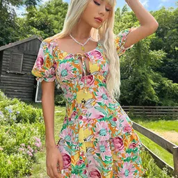 DressBerry Women Floral Print SatinTie Up Neck Fit & Flare Midi Dress-picture-20