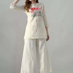 HERE&NOW Embroidered Pure Cotton Tunic & Trousers Co-Ord Set-picture-11