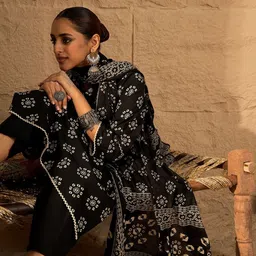 Indo Era Women Ethnic Motifs Printed Regular Pure Cotton Kurta with Trousers & With Dupatta image 5