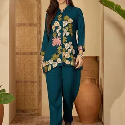 Sangria Embroidered Shirt Style Tunic & Straight Trousers Co-Ord Set-image-99